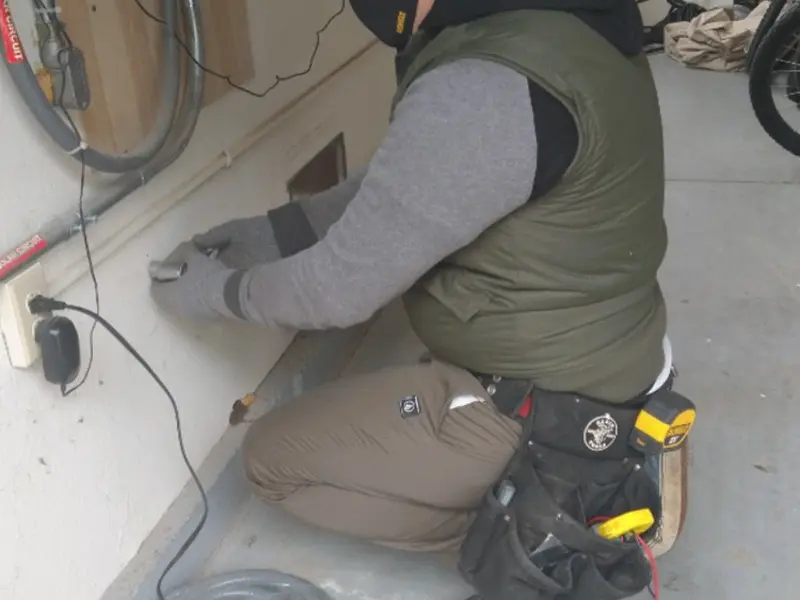 Electrician performing outlet wiring in a Portland garage